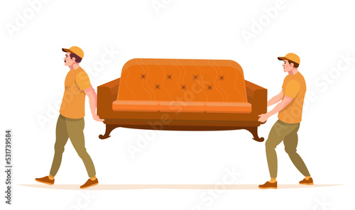 Home moving concept. Loaders, movers carrying a sofa. Service. Ad, banner. Flat vector illustration.