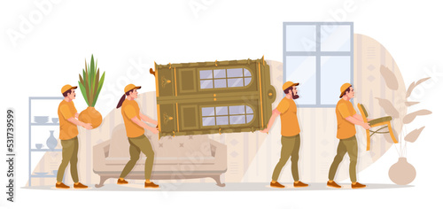 Home moving service.  Loaders, movers carrying furniture. Moving to the new flat, apartment. Ad, banner. Flat vector illustration.
