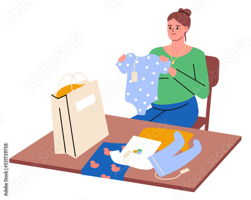 Pregnant girl buying clothes for the baby. Future mom preparing for the birth of child. Pregnancy. Flat vector illustration.