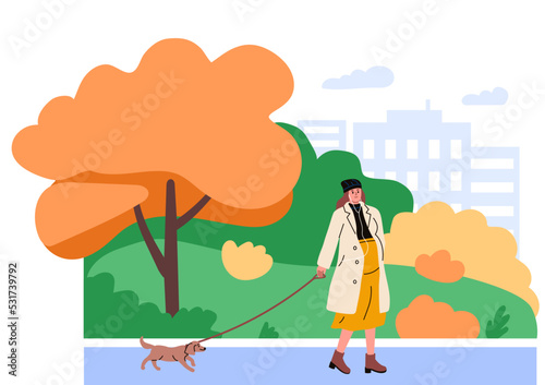 Pregnant girl walking in the park with a dog. Third trimester. Pregnancy. Flat vector illustration.