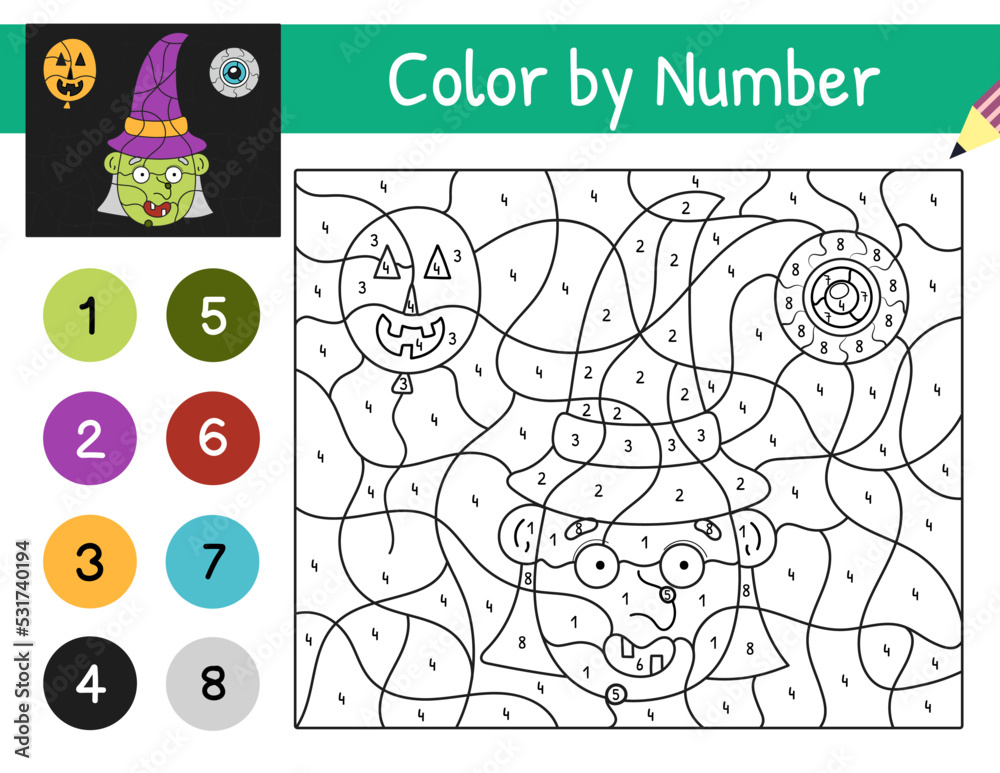 Halloween color by number game with a funny witch. Spooky coloring page for kids. Printable worksheet with solution for school and preschool. Vector illustration

