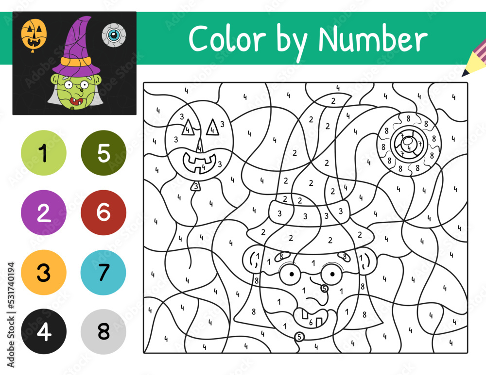 Halloween color by number game with a funny witch. Spooky coloring page ...