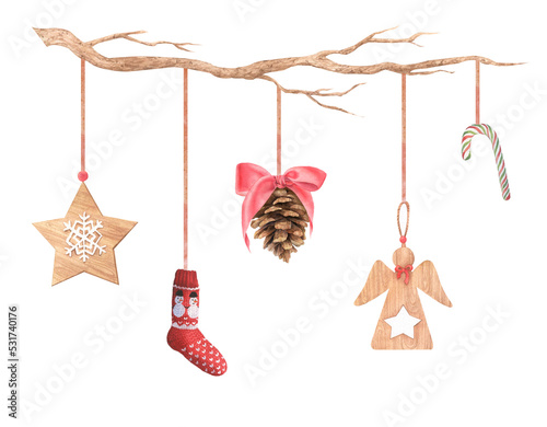 New Year's decor - wooden toys, a star, an angel, a Christmas sock, a cone, a lollipop. Watercolor illustration hand drawn on a white background. Image for postcards, congratulations.