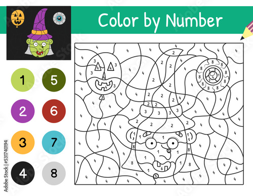 Halloween color by number game with a funny witch. Spooky coloring page for kids. Printable worksheet with solution for school and preschool. Vector illustration 