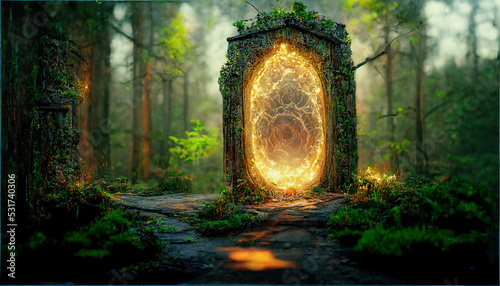 Spectacular fantasy scene with a portal archway covered in creepers. In the fantasy world, ancient magical stone gate show another reality. Digital art 3D illustration.