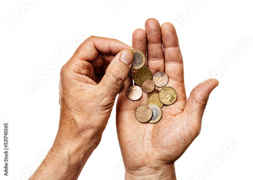 Male hands hold alms or last money, counting euro coins isolated on white background