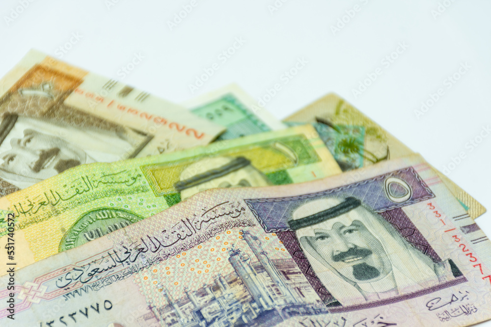 Collection of Saudi Arabia riyal banknotes on a white background. Selective focus.