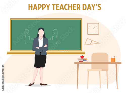 Strong Woman teacher in classroom with blackboard
