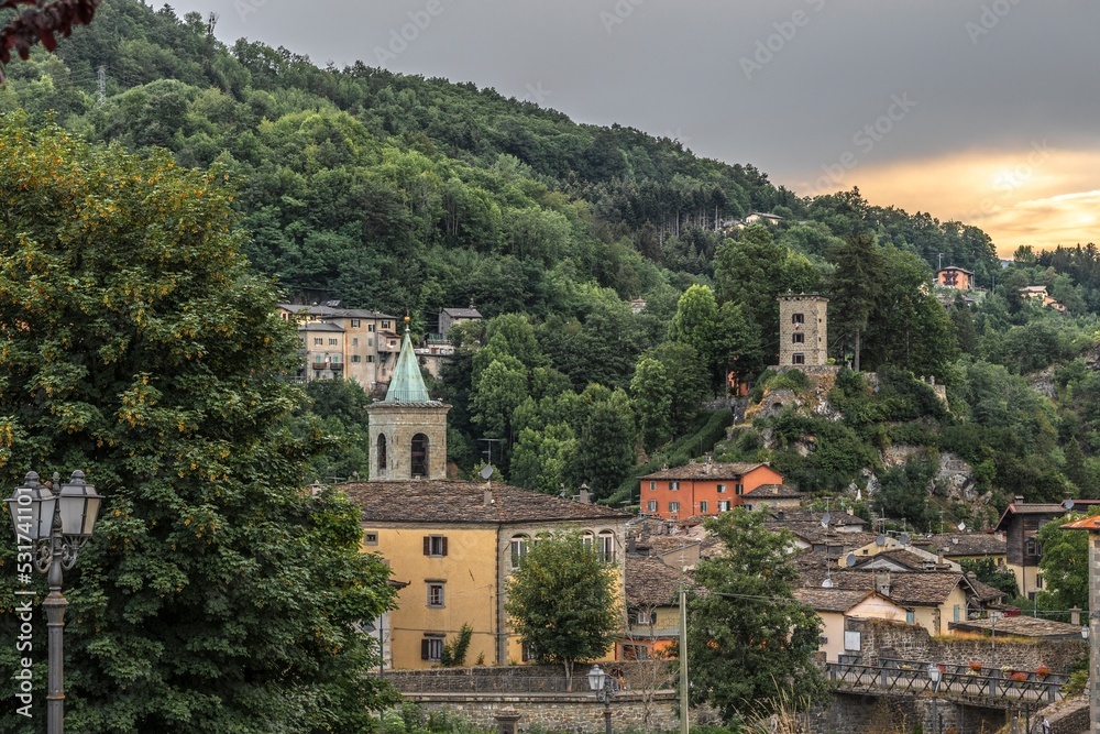 Panoramic view of the village of Fiumalbo at sunset - Modena - Italy