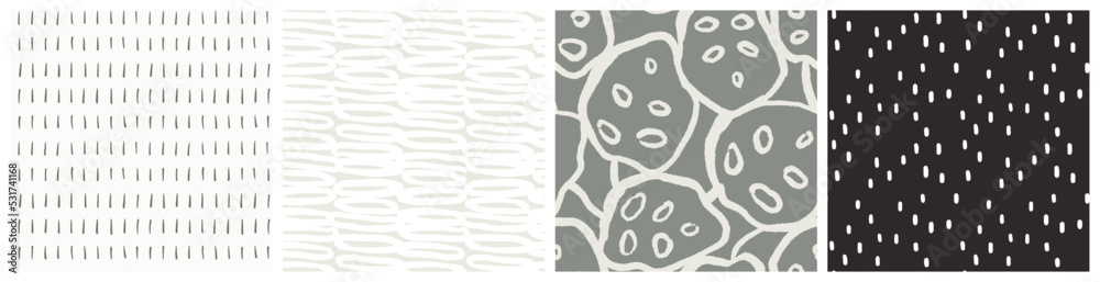 Tropical leaf and abstract spot seamless pattern set in natural soft green, white and black colors. Gender neutral bedding textile fabric print with monstera leaves, paint marks and oval shapes.