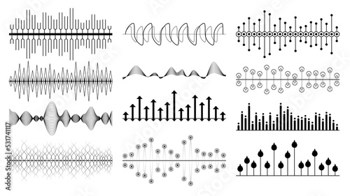 Set Black Collection Abstract Elements Audio Waves Voice Sound Music Shapes Vector Design Style
