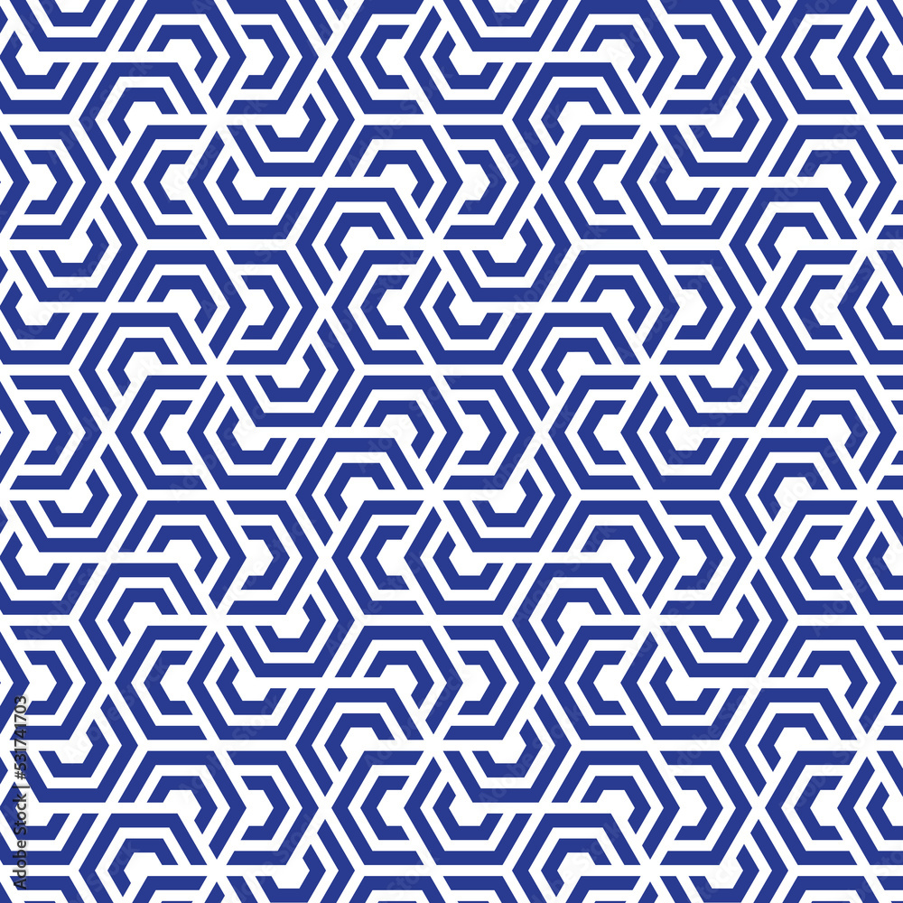 Rotation of maze hexagon pattern on white background. Colorful abstract art. Blue stripe hexagon on white backdrop.