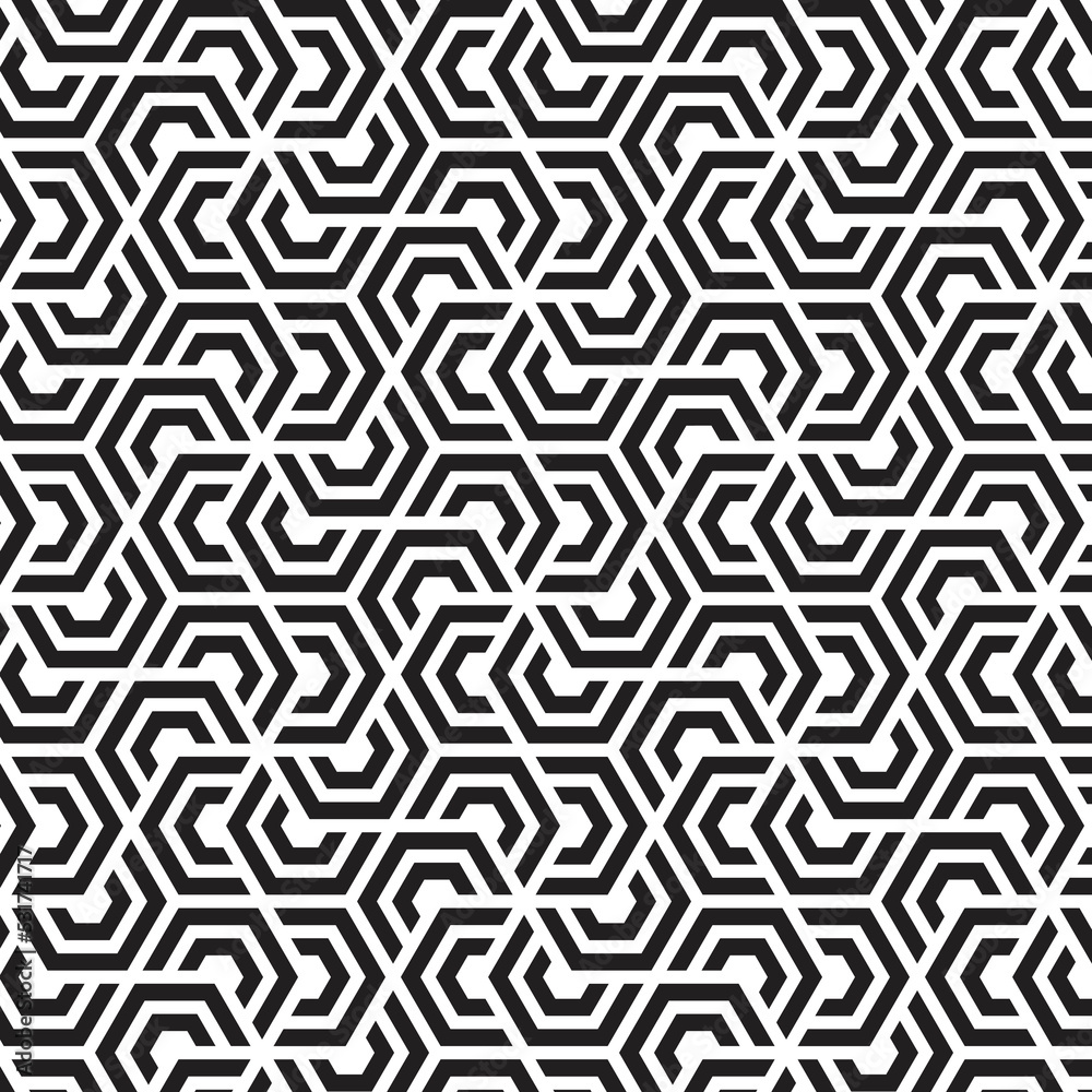 Rotation of maze hexagon pattern on white background. Colorful abstract art. Black stripe hexagon on white backdrop.