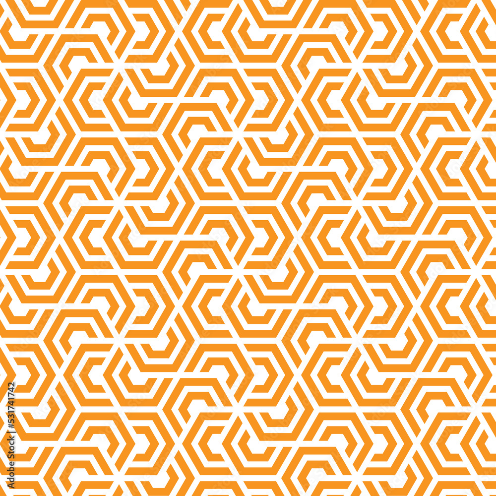 Rotation of maze hexagon pattern on white background. Colorful abstract art. Orange stripe hexagon on white backdrop.