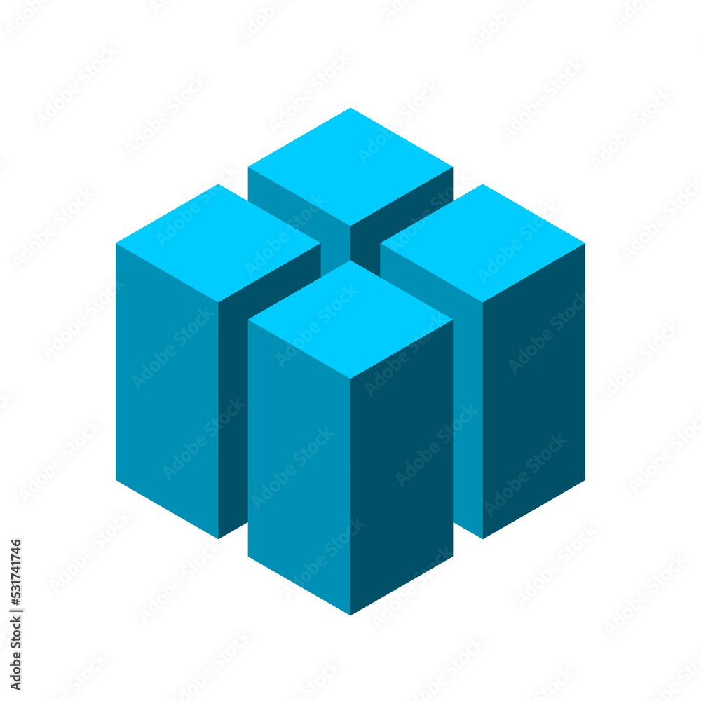 Four blue columns in a hexagonal shape. Building, architecture, construction industry. Strong geometric object concept. Real estate 3D logo template. Modern city idea. Vector illustration, clip art. Four blue columns in a hexagonal shape. Building, architecture, construction industry. Strong geometric object concept. Real estate 3D logo template. Modern city idea. Vector illustration, clip art.