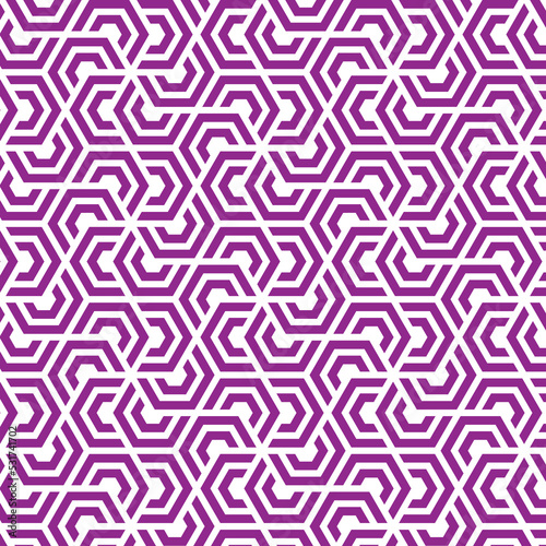 Rotation of maze hexagon pattern on white background. Colorful abstract art. Purple stripe hexagon on white backdrop.