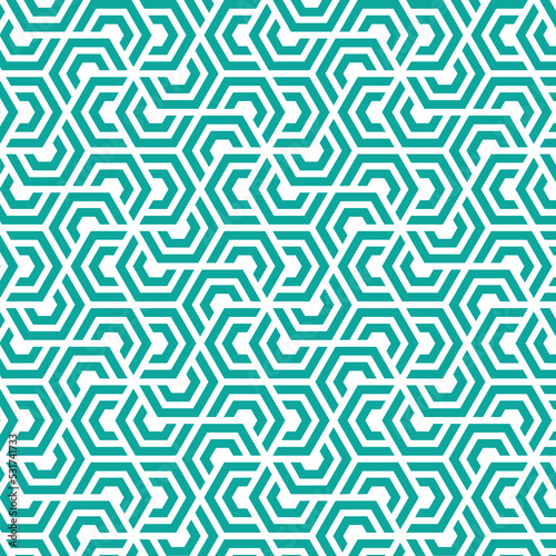 Rotation of maze hexagon pattern on white background. Colorful abstract art. Blue stripe hexagon on white backdrop.