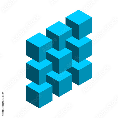 Impossible cubes arrangement. Blue cubic abstract shape. Optical illusion. Visual mind trick. Penrose Esher geometric object. Cube in a cube. Rectangular design element. Vector illustration  clip art