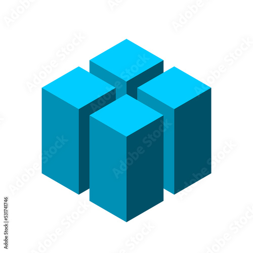 Four blue columns in a hexagonal shape. Building, architecture, construction industry. Strong geometric object concept. Real estate 3D logo template. Modern city idea. Vector illustration, clip art. 
