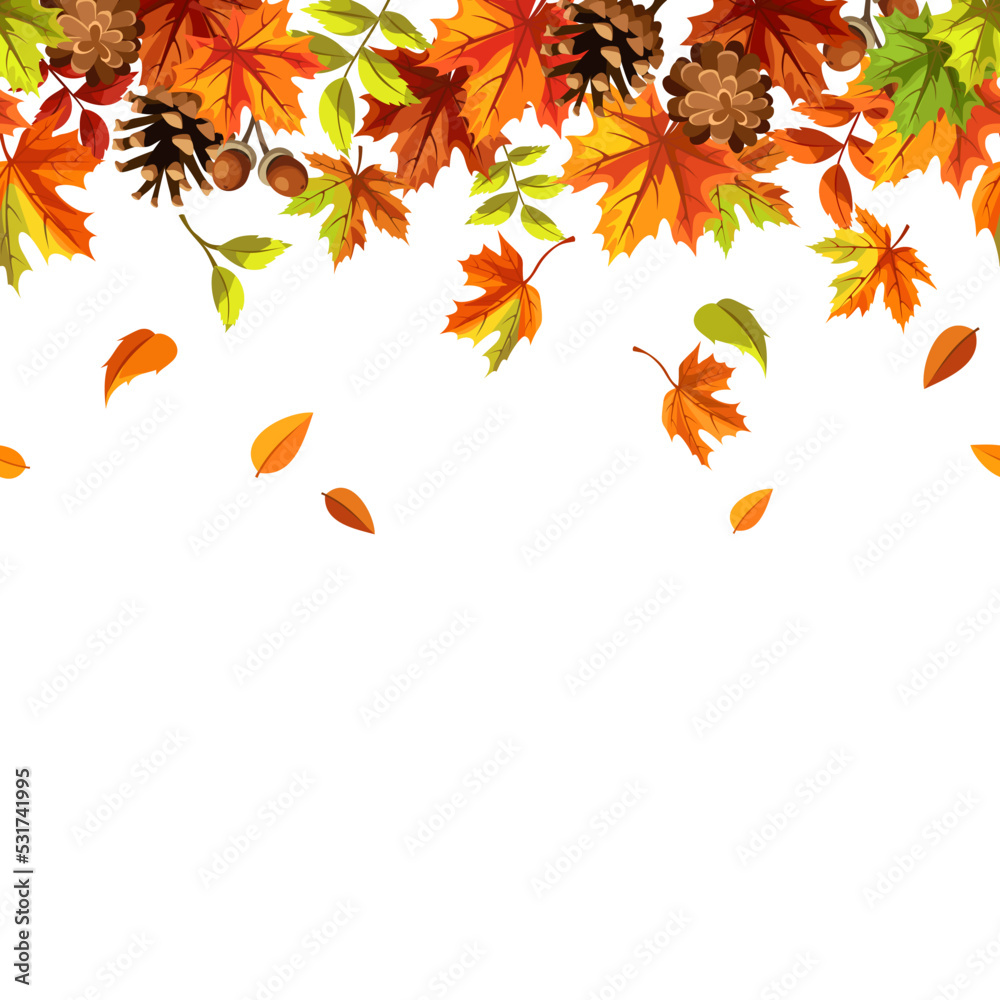 Fototapeta premium Seamless border with orange, brown, and green falling autumn leaves and pine cones. Vector leaf fall frame