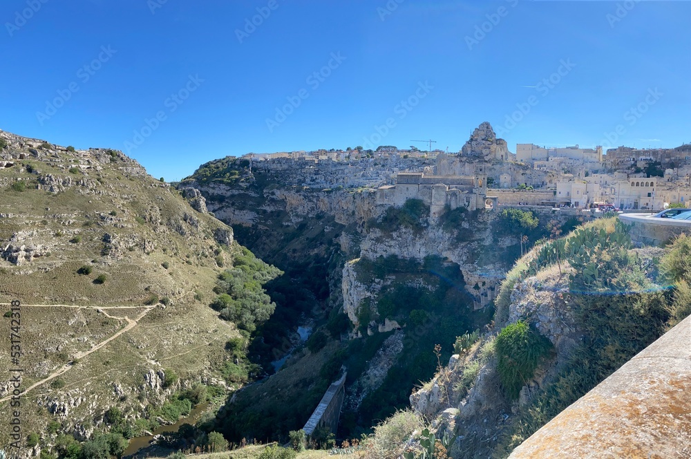 View on the Sassi di Matera, located in Basilicata, Italy. They represent the historic center of the city and are a World Heritage Site. They are rupestrian architectures carved into the rock.