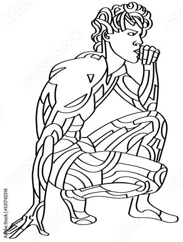 Disegno di contorno da riempire con colori.  Uomo inginocchiato e pensieroso. Statua Greca.