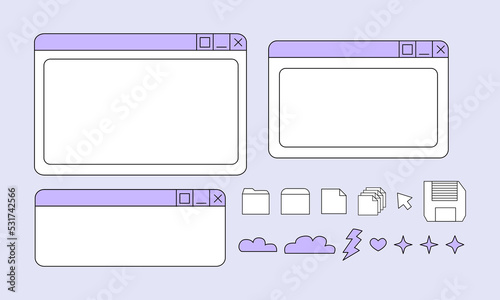 Set of retro digital screen user interface in y2k, 90s, 00s style. Old computer windows and icons. Vector illustration in retrowave aesthetic