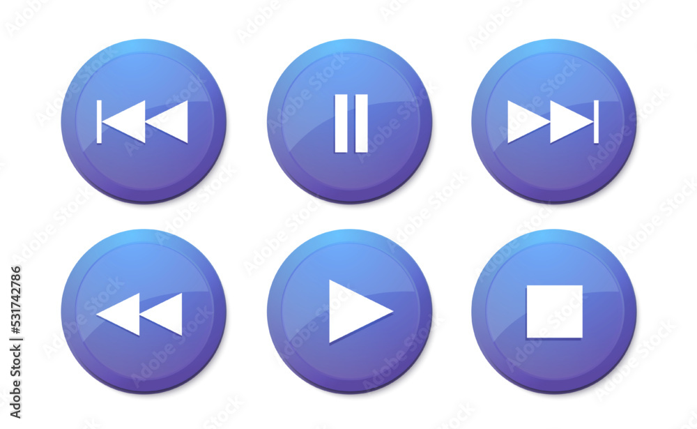 Online music player vector buttons. Modern design ui play stop button. Blue graphic interface isolated button set. Video app click icons on white background. Playlist control signs Online music player vector buttons. Modern design ui play stop button. Blue graphic interface isolated button set. Video app click icons on white background. Playlist control signs