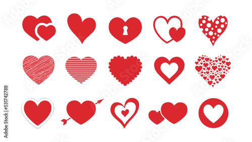 Heart symbol vector red shapes collection. Various flat icons isolated on white background. Valentines Day different hearts. Love sign design elements set