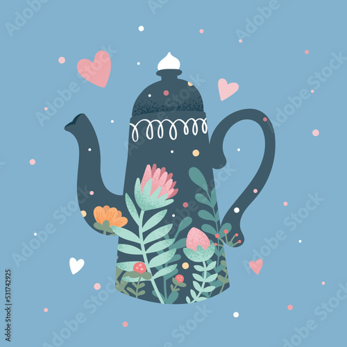 Beautiful vintage blue teapot with a floral print. Vector illustration for promotional materials for tea shops and coffee houses.