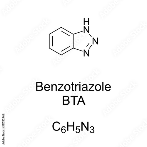 Benzotriazole, BTA, chemical formula and structure. Effective corrosion inhibitor for copper and its alloys by preventing undesirable surface reactions. Silver protectants in dishwashing detergents.