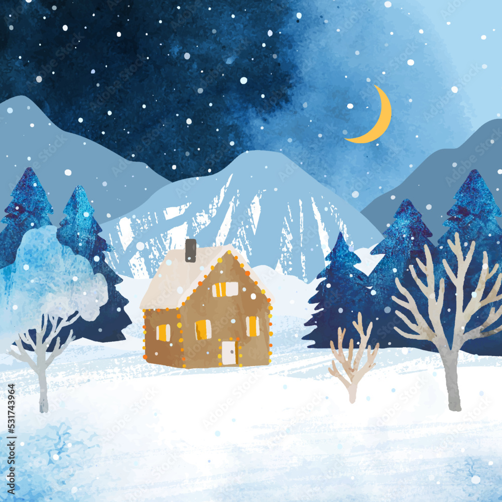 Watercolor Christmas vector illustration. Winter rural landscape with house, mountains and forest under night sky with moon. Watercolor design for christmas card, gift card, poster, banner