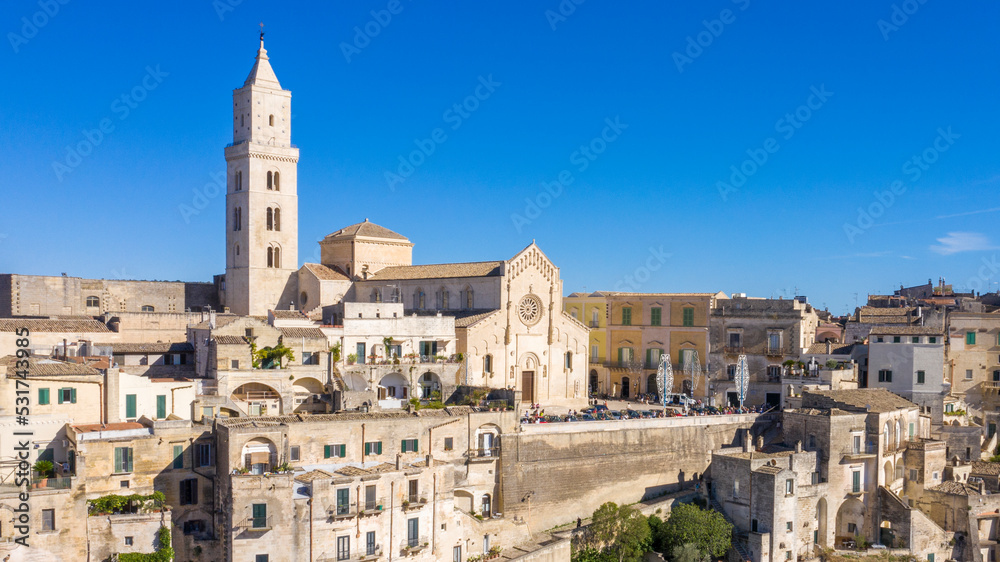 Aerial view of Cathedral of Madonna della Bruna and Sant'Eustachio located in Matera, Basilicata, Italy. It's the main Catholic place in the city. The church was built in the Apulian Romanesque style