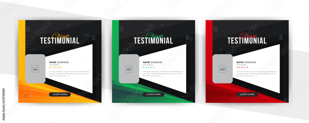 modern client testimonial social media post design. Customer service feedback review banner with color variation template.