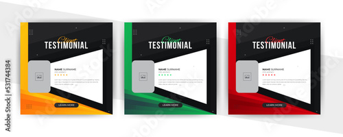 modern client testimonial social media post design. Customer service feedback review banner with color variation template.