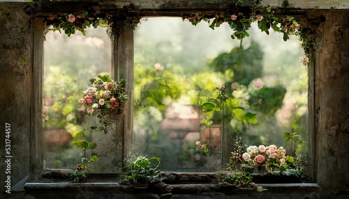 Print op canvas cottage window, outside garden courtyard with vines and ivy growing up the wall
