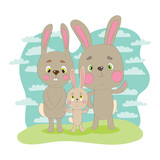 A family of rabbits on a walk with a little rabbit. Cartoon vector 
