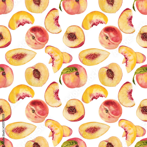 Fototapeta Naklejka Na Ścianę i Meble -  Watercolor peach slices pattern seamless. Juicy fresh fruit design for food printed design