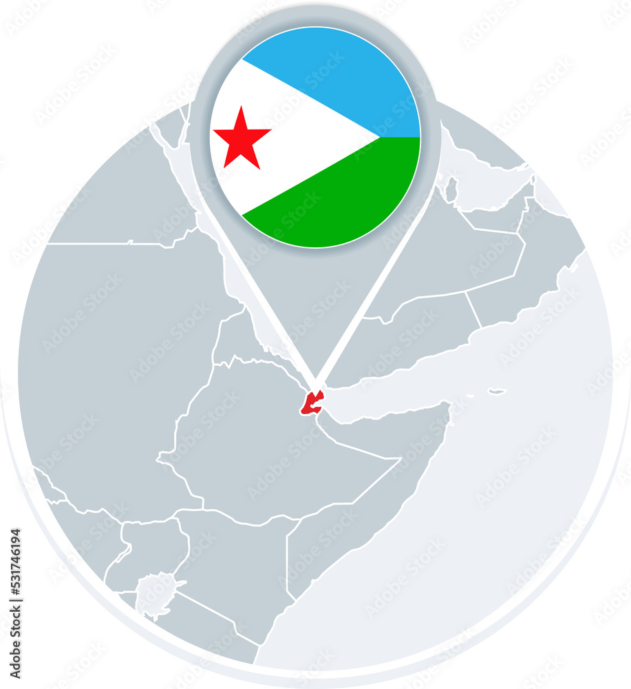 Naklejka premium Djibouti map and flag, map icon with highlighted Djibouti