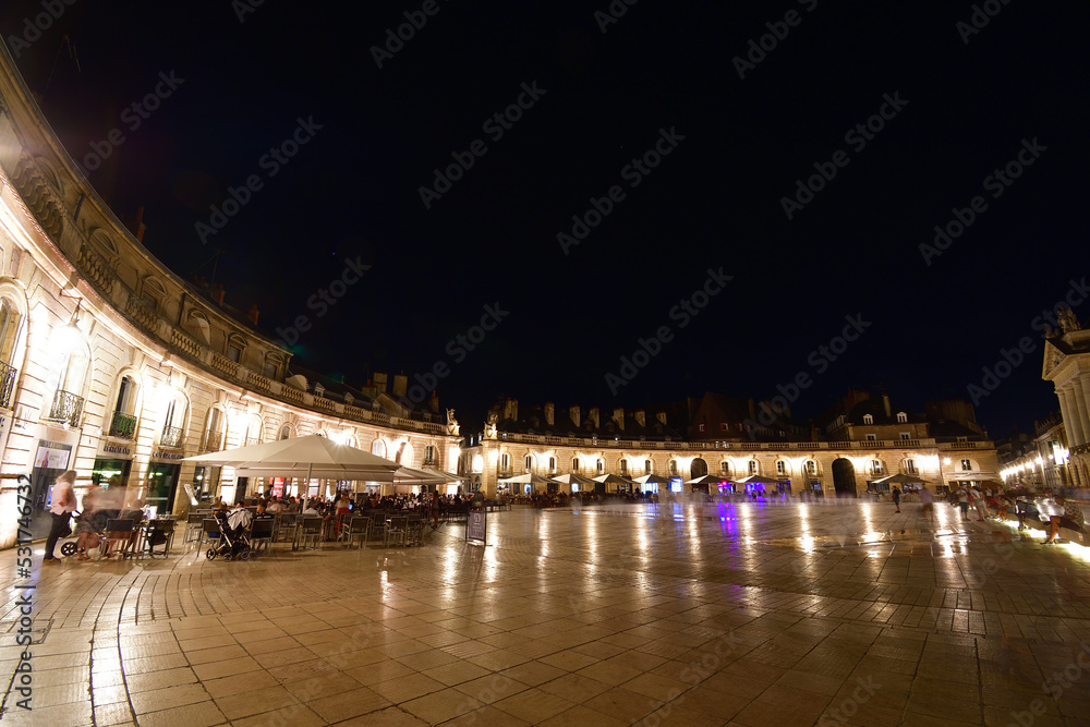Burgundy, France. Night view of Libération Square in the city of Dijon. August 7, 2022.
