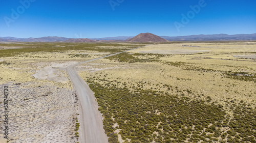 Aerial view of a dirt track in the desertic Puna region of Argentina