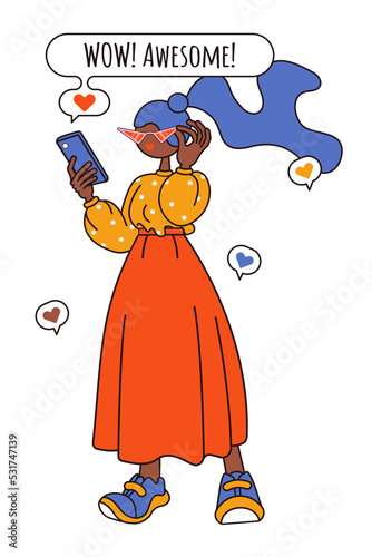Young black woman with phone writes sms. Isolated vector illustration. Modern fancy texting girl with gadget. Flat character design. Cartoon colorful line art. Human person holding smartphone