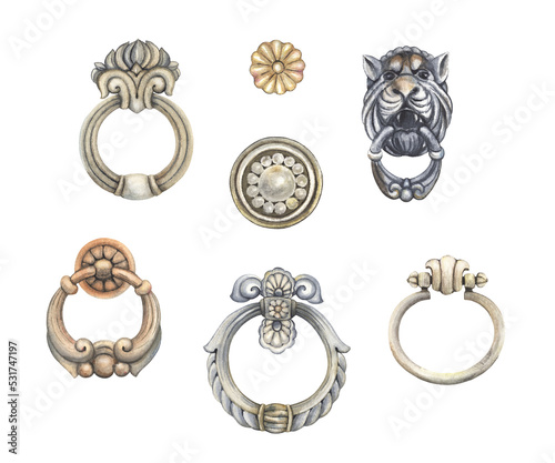Door knockers and handles, watercolor isolated illustration in vintage style, set for your design.