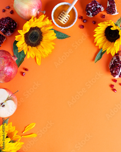 Jewish holiday Rosh Hashanah greeting card with apples  honey and flowers