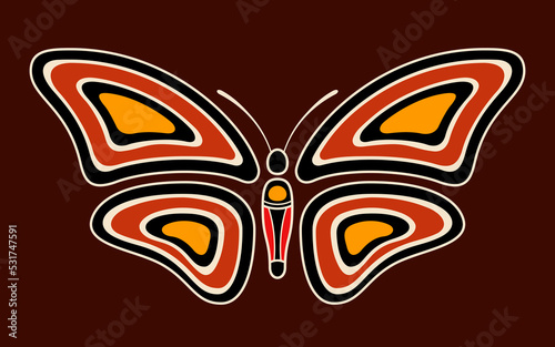Butterfly. Aboriginal art style. Vector color illustration isolated on brown background.