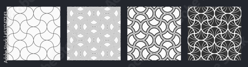Set of four seamless vector patterns. Art Deco seamless patterns. Geometric lattices. Quatrefoils. Maroccan scales mosaic tiles. Scallop shapes, rounded shapes. Vector monochrome illustrations.