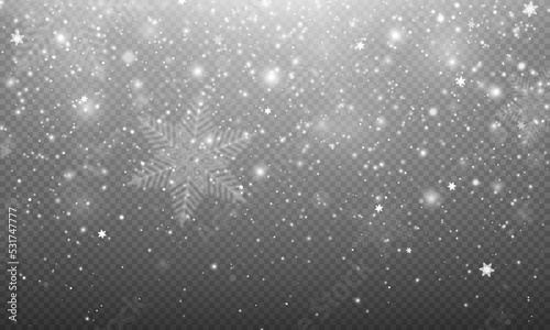 Realistic falling snow on transparent background. Snowflakes, realistic, Christmas snow, falling snow flake, white dust, blizzard. Transparent snow flake pattern.