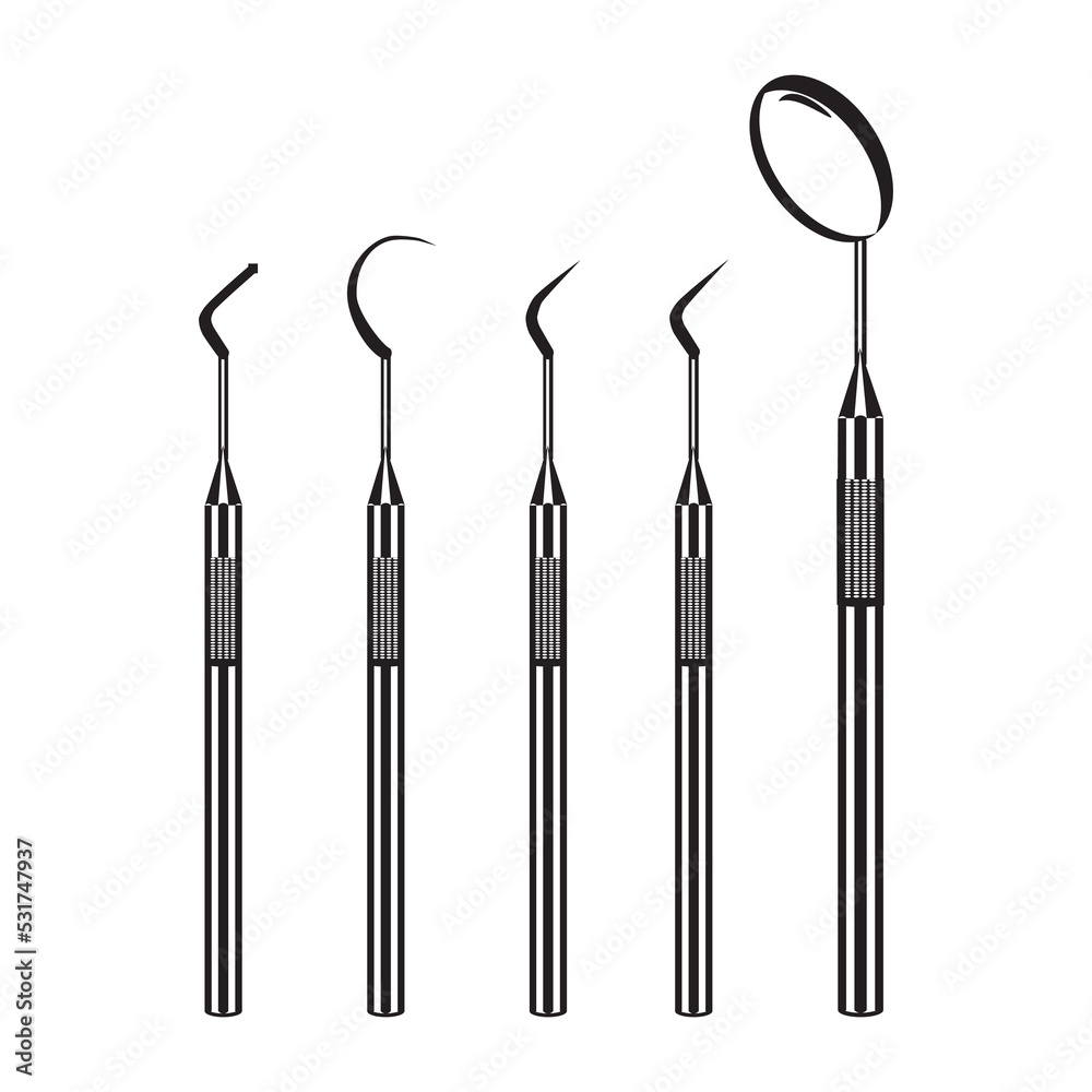 Dental tools black silhouettes. Dentist instrument mouth mirror, plugger, vector