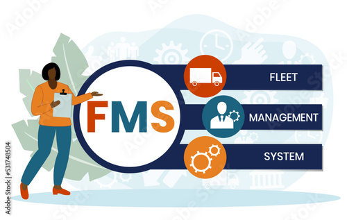 FMS - Fleet Management System acronym. business concept background. Vector illustration with keywords and icons. Lettering illustration with icons for web banner, flyer, landing