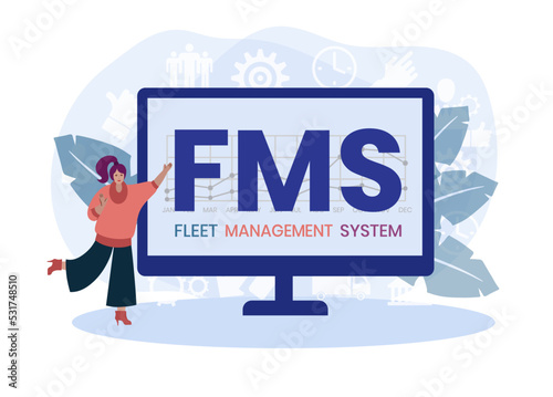 FMS - Fleet Management System acronym. business concept background. Vector illustration with keywords and icons. Lettering illustration with icons for web banner, flyer, landing